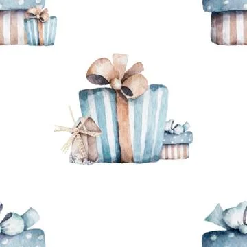 Seamless pattern from vintage boxes with gifts and bows. Hand drawn watercolo Stock Illustration
