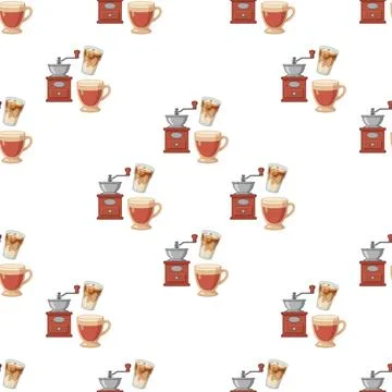 Seamless pattern with vintage coffee grinders and cups of hot coffee on whi.. Illustrazione stock
