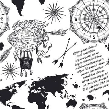 Seamless pattern with vintage compass, world map, airship and wind rose Illustrazione stock
