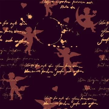 Seamless pattern vintage cupid dark romantic on black background, illegible Stock Illustration