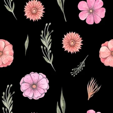 Seamless pattern of vintage floral elements on a black background Cute pink Illustrazione stock