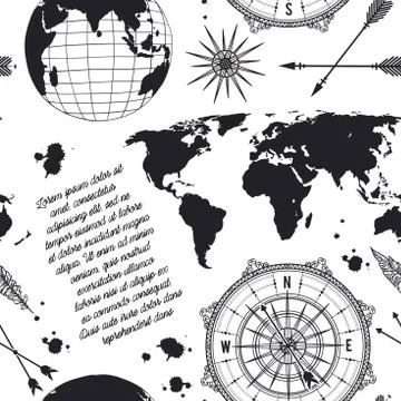 Seamless pattern with vintage globe, compass, world map and wind rose Stock Illustration