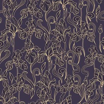 Seamless pattern of vintage golden iris flowers on a dark background. Art Illustrazione stock