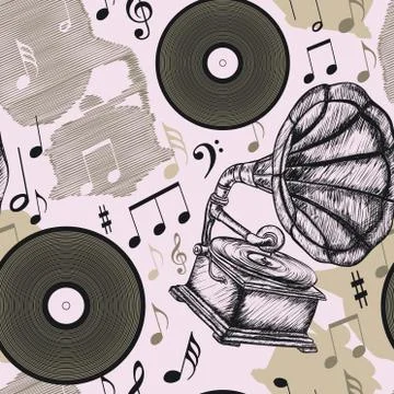 Seamless pattern with vintage gramophone, vinyl record and musical notes. Stock Illustration