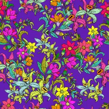 Seamless pattern with vintage hand drawn flowers. Vector illustration. Stock Illustration