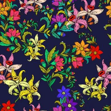 Seamless pattern with vintage hand drawn flowers. Vector illustration. Stock Illustration