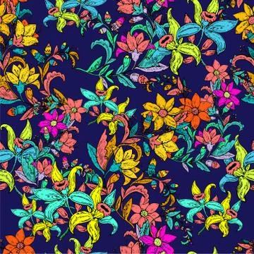 Seamless pattern with vintage hand drawn flowers. Vector illustration. Illustrazione stock