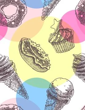 Seamless pattern with vintage hand drawned ice cream cones and muffins, donuts Stock Illustration