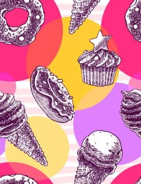 Seamless pattern with vintage hand drawned ice cream cones and muffins, donuts Stock Illustration