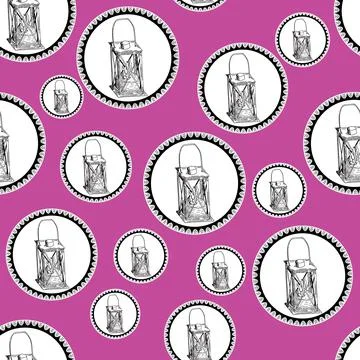 Seamless pattern of vintage kerosene lamps and lanterns in openwork lace Stock Illustration