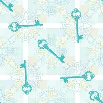Seamless pattern with vintage key and decorative leaf shapes Stock Illustration