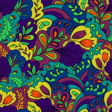 Seamless pattern with vintage plants elements. Psychedelic background with Stock Illustration