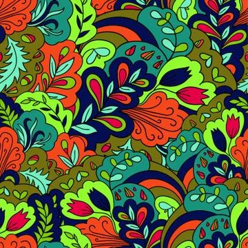 Seamless pattern with vintage plants elements. Psychedelic background with Stock Illustration