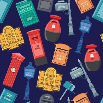 Seamless pattern with vintage postal mail boxes, flat vector illustration. Stock Illustration