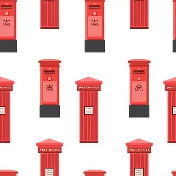 Seamless pattern with vintage red post office mail box flat vector illustration. Illustrazione stock