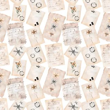Seamless pattern in vintage style with hand written letters, post stamps, dri Stock Illustration