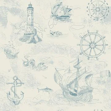 Seamless pattern with vintage-style sea navigation items Stock Illustration
