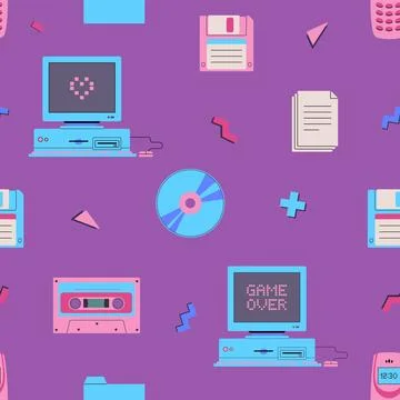 Seamless pattern with vintage technology, devices. Old pc, floppy disk, cassette Stockillustratie