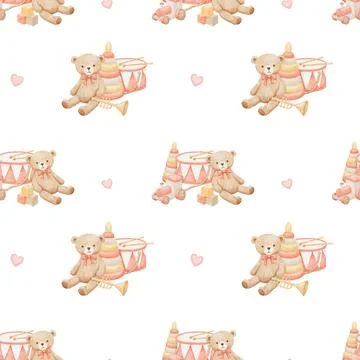 Seamless pattern with vintage teddy bear, drum and trumpet, hand drawn waterc Illustrazione stock