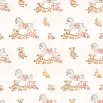 Seamless pattern with vintage teddy bear, drum and horse, hand drawn watercol Stock Illustration