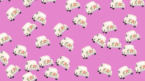 Seamless Pattern of Vintage White Wedding Cars with Flowers on Pink Background Stock Footage 345539972