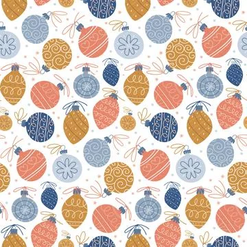 Seamless pattern with vintage xmas tree balls in scandinavian style. Christmas Stock Illustration