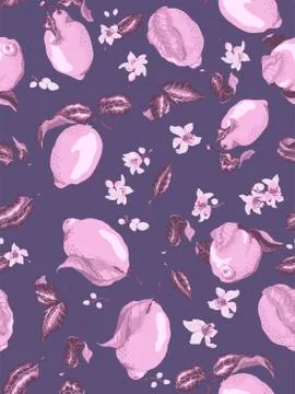 Seamless pattern in violet and purplre colors with citrus lemon fruits and bl Stock Illustration
