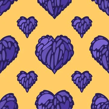 Seamless pattern violet hearts on yellow back Illustrazione stock