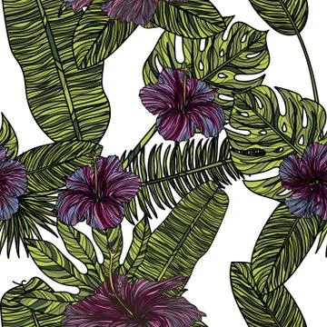 Seamless pattern with violet hibiscus flowers and tropical leaves. Stock Illustration