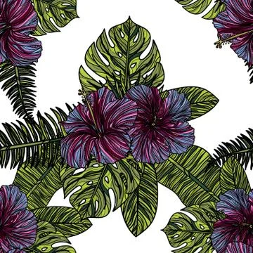 Seamless pattern with violet hibiscus flowers and tropical leaves. Stock Illustration