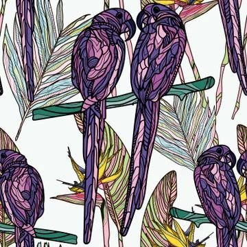 Seamless pattern with violet parrots and tropical leaves. Illustrazione stock