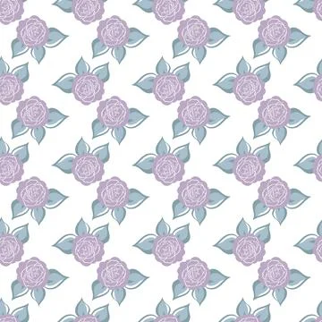 Seamless pattern with violet roses, grey leaves. Hand draw flower. Line brush Illustrazione stock