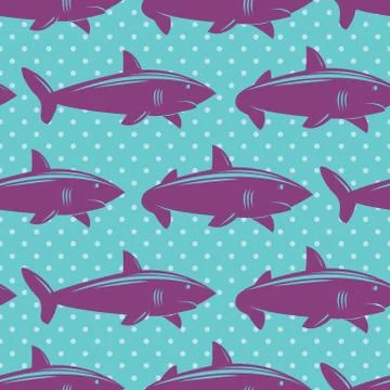Seamless pattern with violet sharks on blue dotted background Stock Illustration