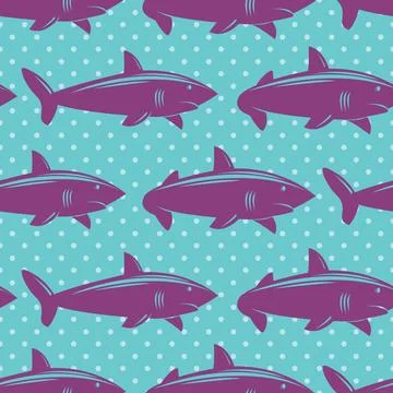 Seamless pattern with violet sharks on blue dotted background Seamless pat... 스톡 사진