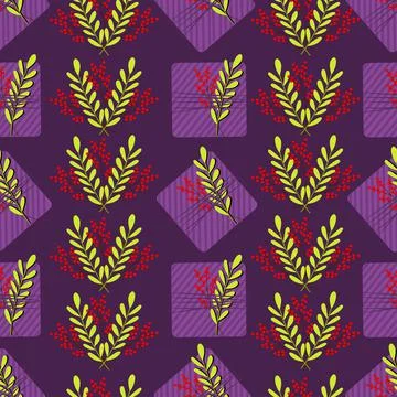 Seamless pattern with violet striped gift boxes and red and green leaves Stock Illustration