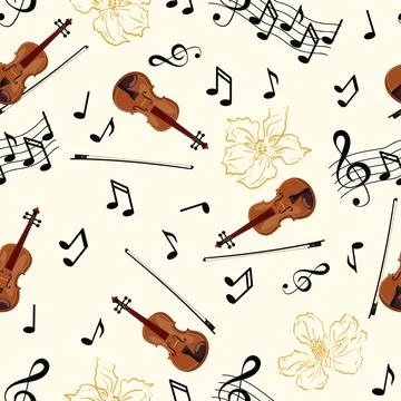 Seamless pattern with violins, flowers and notes on white background. Music t Illustrazione stock