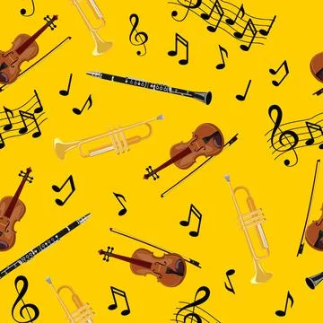 Seamless pattern with violins, pipe, oboe and notes on yellow background. Art Stock Illustration