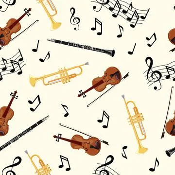 Seamless pattern with violins, pipe, oboe and notes on white background. Art 스톡 일러스트