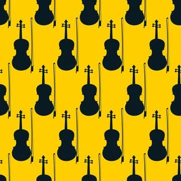 Seamless pattern of violins on yellow background, icon classical musical Stock Illustration