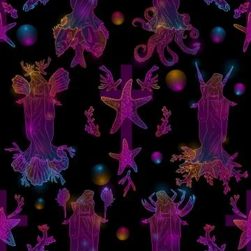 Seamless pattern with virgin Mary, crucifix, octopus, fish, corals, shells, sea Illustrazione stock