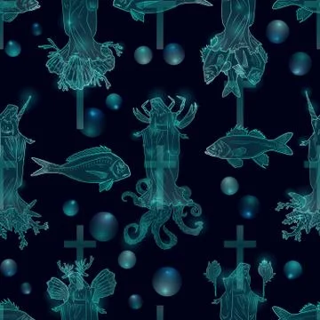 Seamless pattern with virgin Mary, crucifix, octopus, fish, corals, shells, sea Stock Illustration
