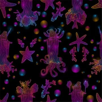 Seamless pattern with virgin Mary, crucifix, octopus, fish, corals, shells, sea Stock Illustration