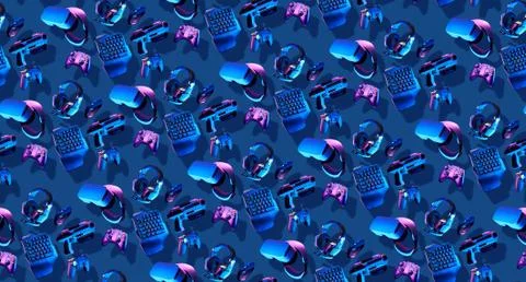 Seamless pattern with virtual reality gogles, gamepads and blaster game Stock Photos