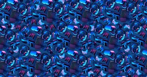 Seamless pattern with virtual reality gogles, gamepads and blaster game Stock Photos