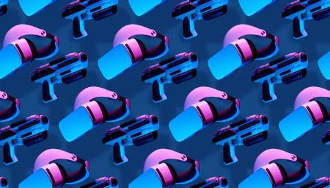 Seamless pattern with virtual reality headset and blaster game controllers. Stock Photos