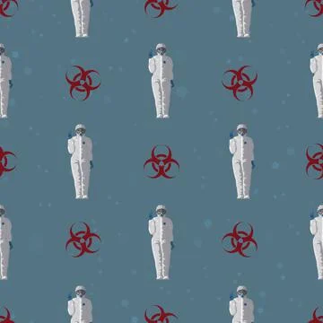 Seamless pattern virus COVID-19 coronavirus. Doctor in a protective suit agai Stock Illustration