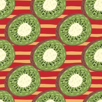 Seamless pattern with vitamin summer kiwi fruit ornament. Red and ocher striped Stock Illustration