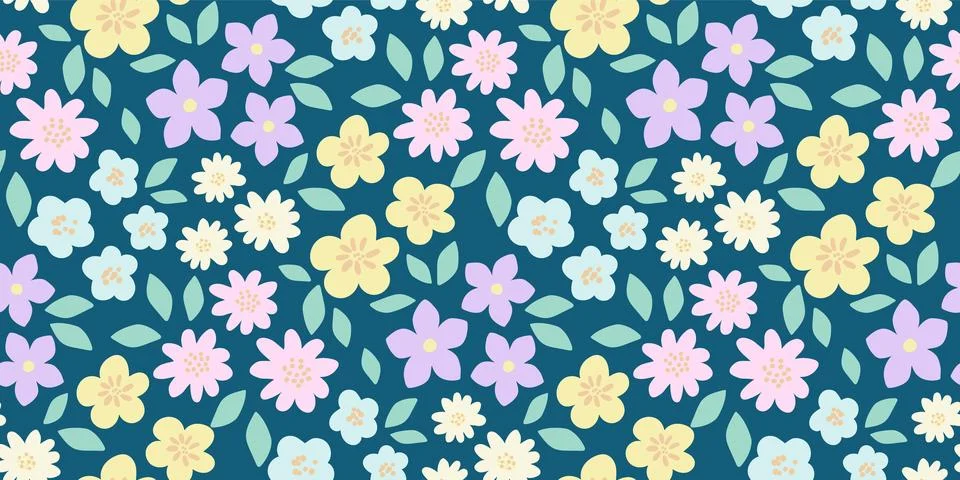 Seamless pattern with vivid blooming spring flowers on dark background. Sprin Stock Illustration