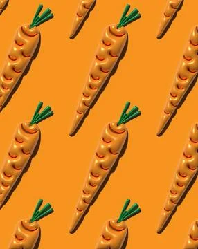 Seamless pattern of voluminous glossy carrots with green tails, 3D renderin.. Stock Photos