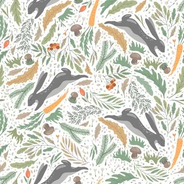 Seamless pattern vs grey hares, forest background Stock Illustration